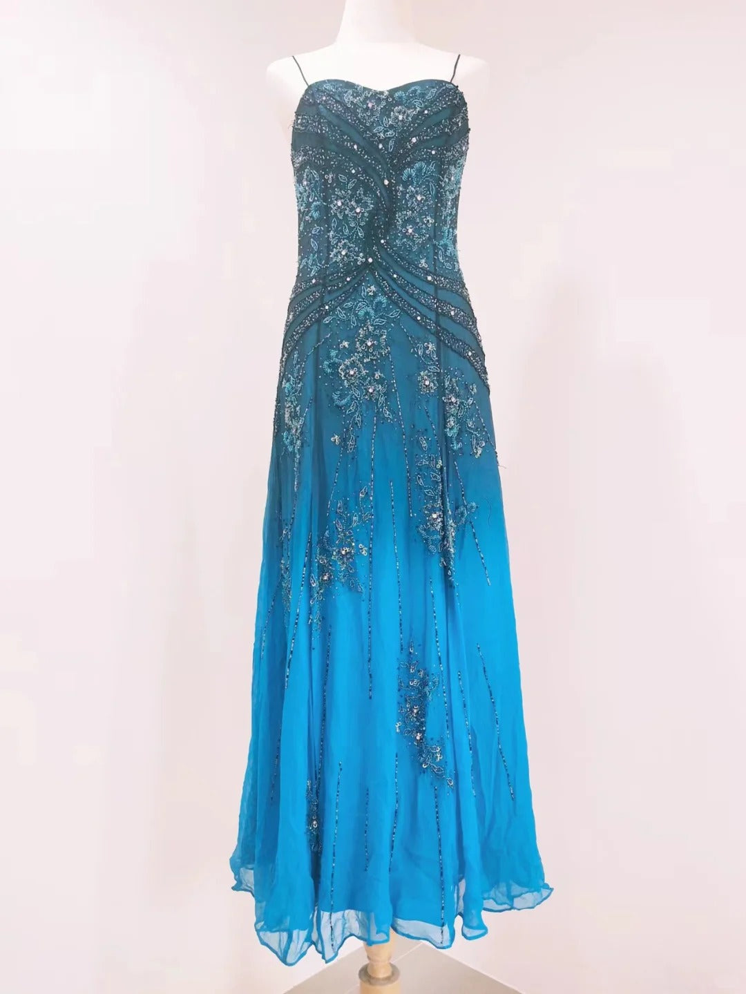 Vintage Blue A-Line Thin Strap Beaded Chiffon Long Prom Dress Evening Dress Main image