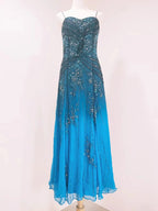 Vintage Blue A-Line Thin Strap Beaded Chiffon Long Prom Dress Evening Dress