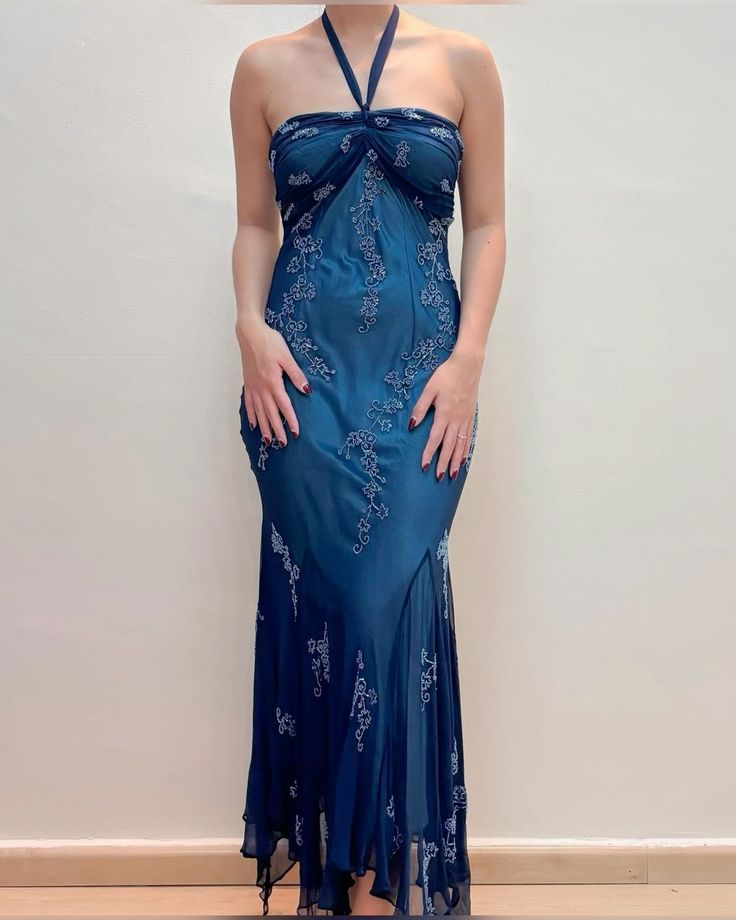 Vintage Blue Chiffon Long Prom Dresses Elegant  Beaded Party Dresses Secondary image