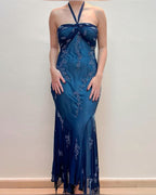 Vintage Blue Chiffon Long Prom Dresses Elegant  Beaded Party Dresses