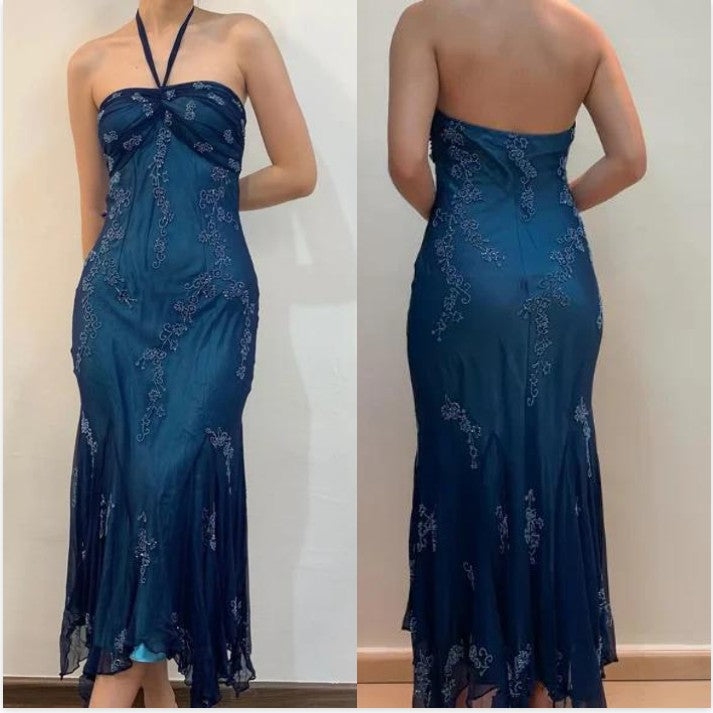 Vintage Blue Chiffon Long Prom Dresses Elegant  Beaded Party Dresses