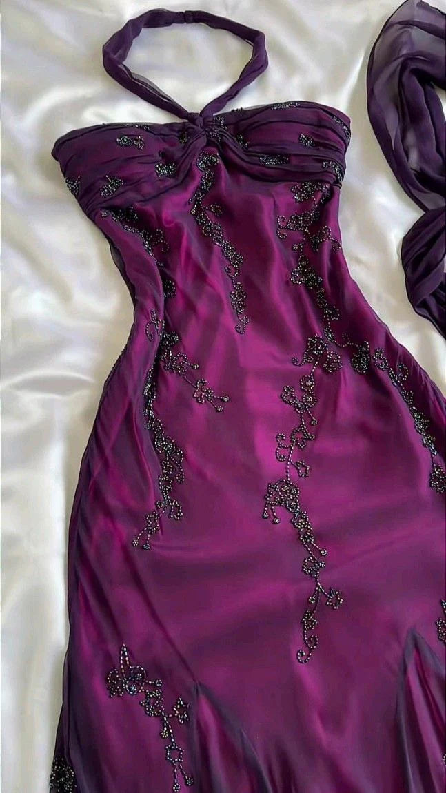 Vintage Blue Chiffon Long Prom Dresses Elegant  Beaded Party Dresses