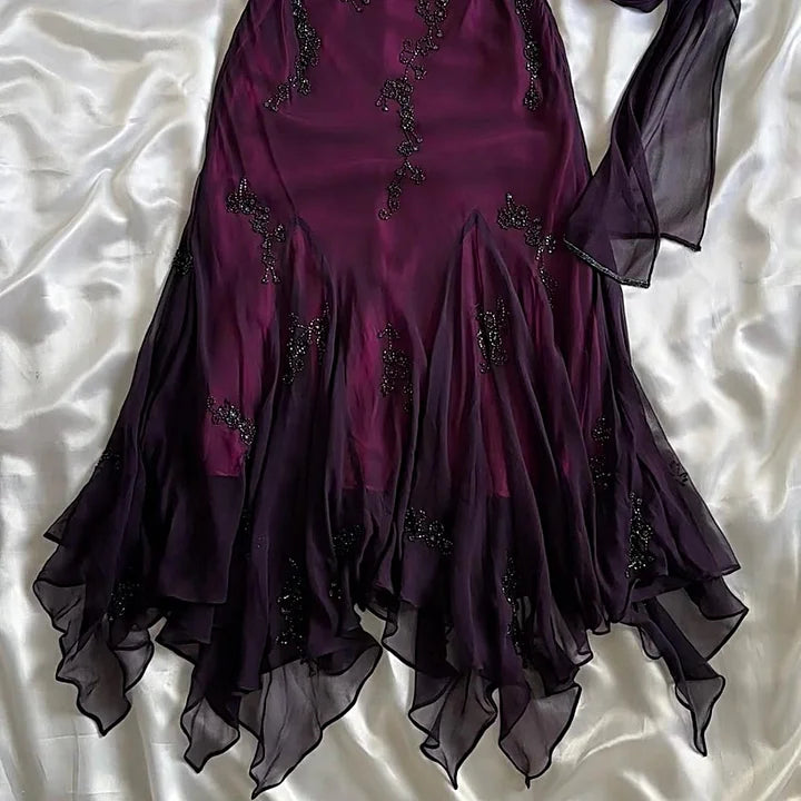 Vintage Blue Chiffon Long Prom Dresses Elegant  Beaded Party Dresses