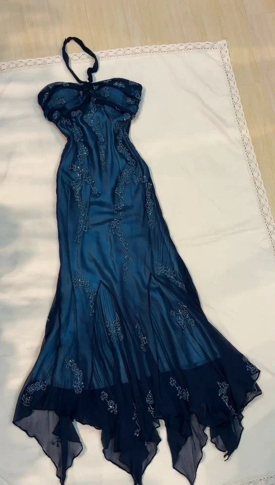 Vintage Blue Chiffon Long Prom Dresses Elegant  Beaded Party Dresses Main image