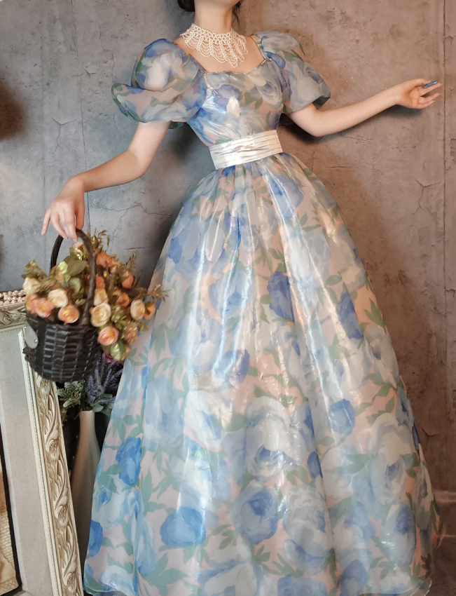 Vintage Blue Floral A-Line Square Neck Puff Sleeve Glossy Organza Long Prom Dress Evening Dress Secondary image