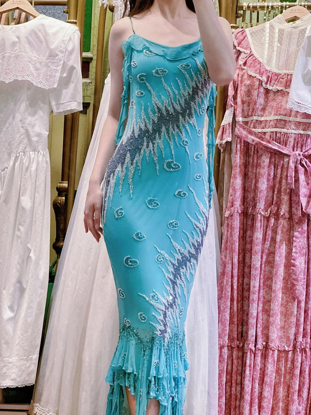 Vintage Blue Mermaid Halter-Neck Ruffled Beaded Chiffon Long Prom Dress Evening Dress Main image