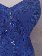 Vintage Blue Sweetheart Neck Embroidered Chiffon Long Prom Dress Evening Dress