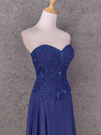 Vintage Blue Sweetheart Neck Embroidered Chiffon Long Prom Dress Evening Dress