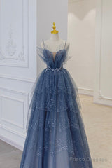 Vintage Blue Tulle Beaded Long Senior Prom Dress A-Line Blue Formal Dress