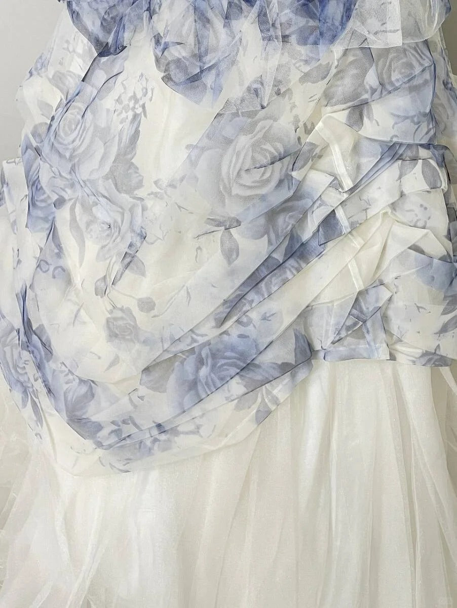 Vintage Blue & White Rose Print Layered Organza Train Prom Dress Sweet 16 Dress