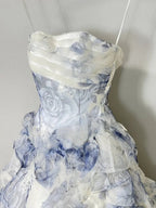 Vintage Blue & White Rose Print Layered Organza Train Prom Dress Sweet 16 Dress