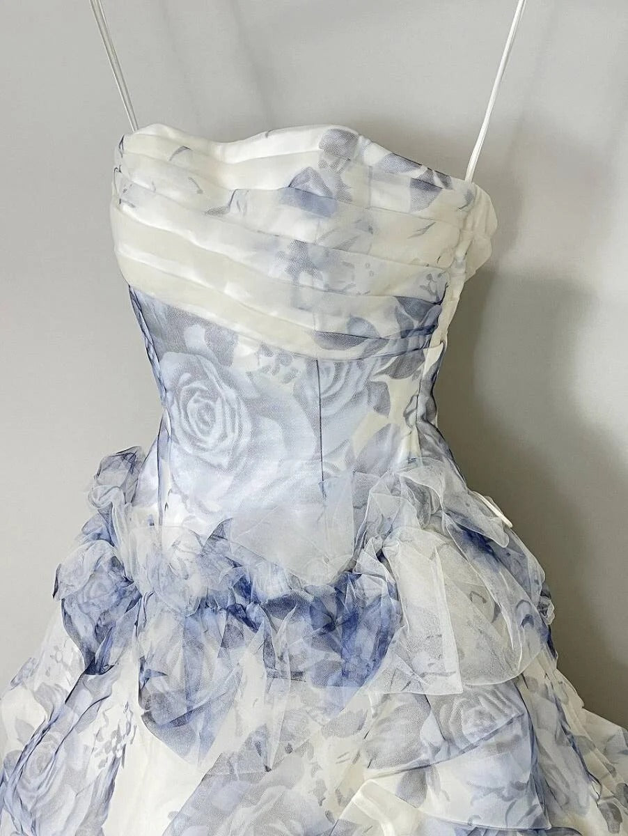 Vintage Blue & White Rose Print Layered Organza Train Prom Dress Sweet 16 Dress