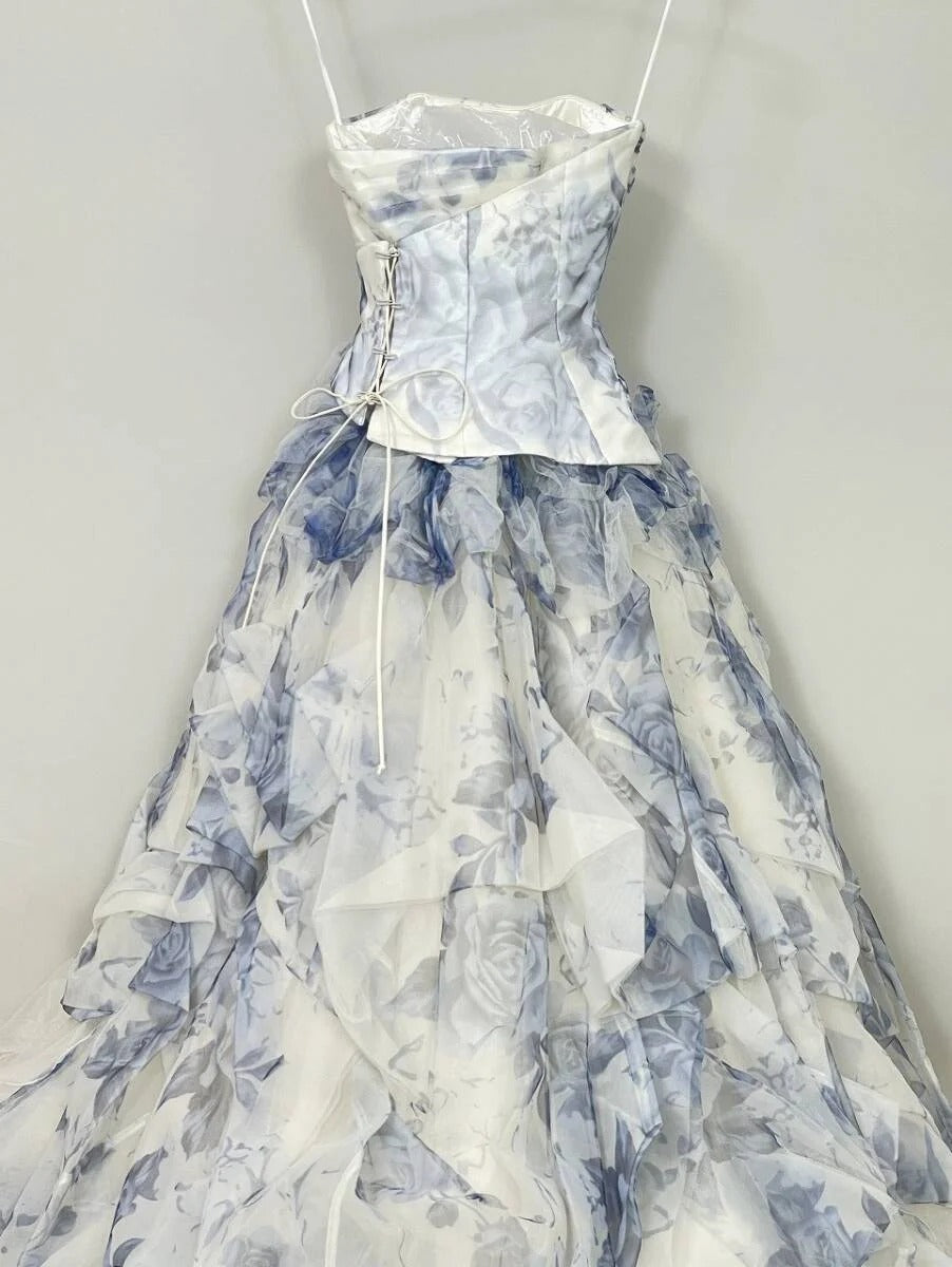 Vintage Blue & White Rose Print Layered Organza Train Prom Dress Sweet 16 Dress