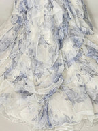 Vintage Blue & White Rose Print Layered Organza Train Prom Dress Sweet 16 Dress