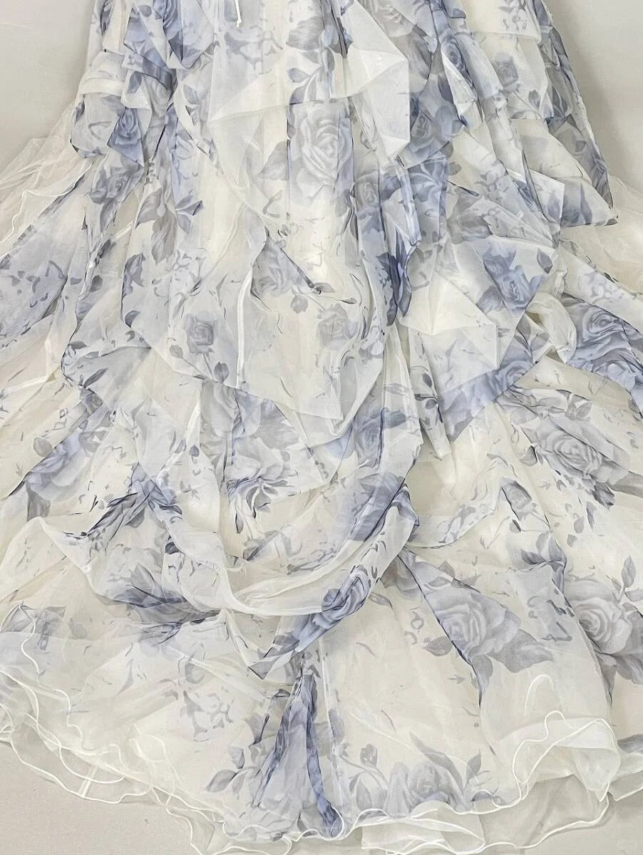 Vintage Blue & White Rose Print Layered Organza Train Prom Dress Sweet 16 Dress