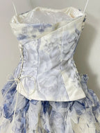 Vintage Blue & White Rose Print Layered Organza Train Prom Dress Sweet 16 Dress