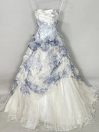 Vintage Blue & White Rose Print Layered Organza Train Prom Dress Sweet 16 Dress
