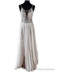 Vintage Boho V Neck Split Wedding Dress Lace Embroidery