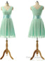 Vintage Bridesmaid Dress with a Ribbon Light Green V-neck Bridesmaid Dresses with Soft Pleats
