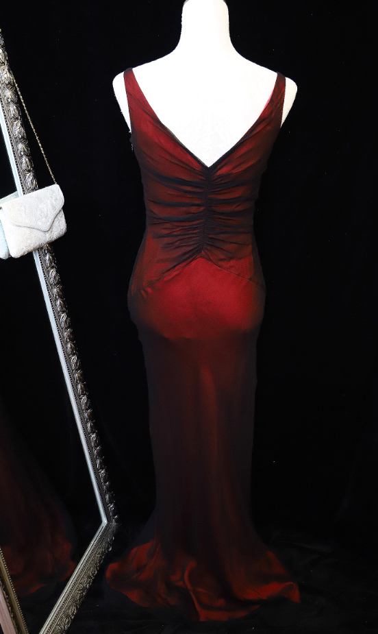 Vintage Bright Burgundy Mermaid V-Neck Ruched Satin Long Prom Dress Evening Dress Secondary image
