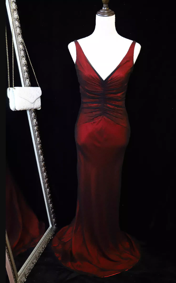 Vintage Bright Burgundy Mermaid V-Neck Ruched Satin Long Prom Dress Evening Dress