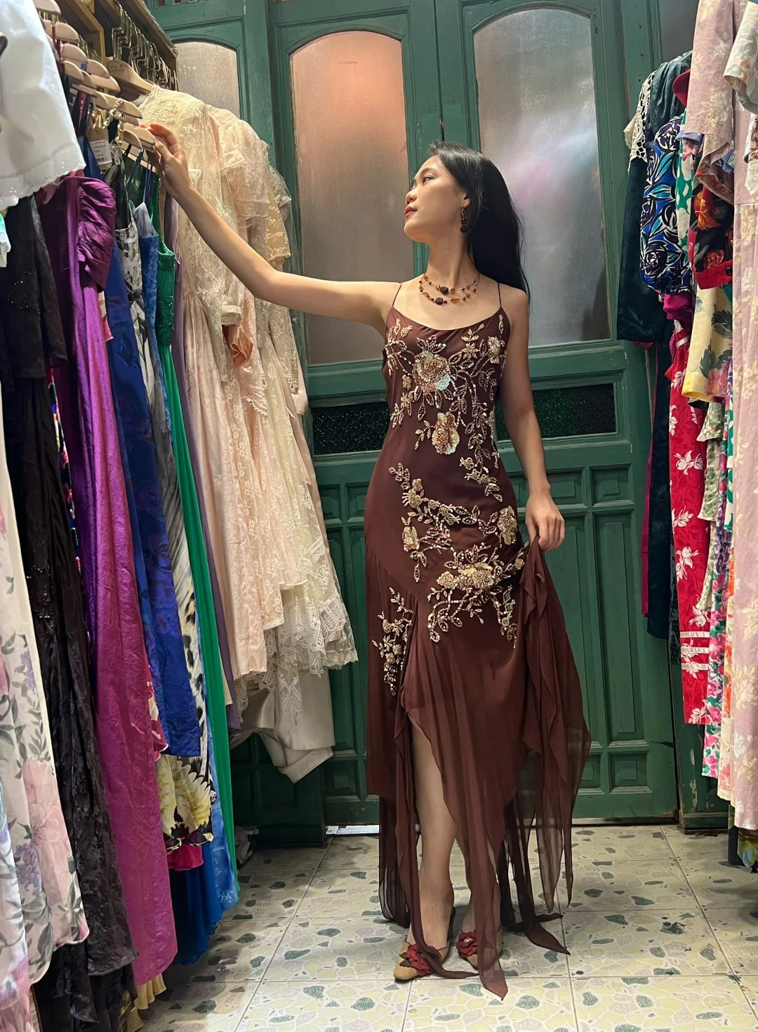 Vintage Brown Irregular Strap Beaded Sequined Prom Dress Evening Dress Main image