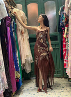 Vintage Brown Irregular Strap Beaded Sequined Prom Dress Evening Dress