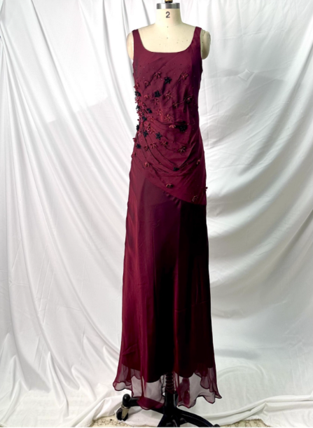 Vintage Burgundy 3D Beaded Flower Square Neck Chiffon Long Prom Dress Evening Dress