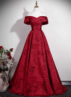 Vintage Burgundy A-Line Off-The-Shoulder Jacquard Satin Long Prom Dress Evening Dress