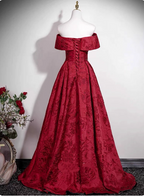 Vintage Burgundy A-Line Off-The-Shoulder Jacquard Satin Long Prom Dress Evening Dress