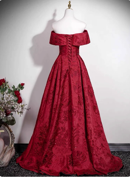 Vintage Burgundy A-Line Off-The-Shoulder Jacquard Satin Long Prom Dress Evening Dress