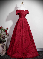 Vintage Burgundy A-Line Off-The-Shoulder Jacquard Satin Long Prom Dress Evening Dress