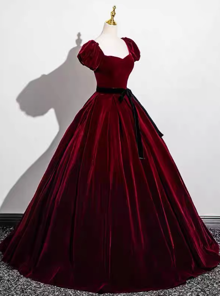 Vintage Burgundy A-Line Puff Sleeve Velvet Long Prom Dress Evening Dress Secondary image