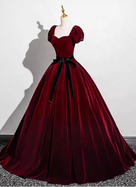 Vintage Burgundy A-Line Puff Sleeve Velvet Long Prom Dress Evening Dress