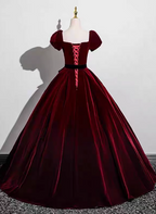 Vintage Burgundy A-Line Puff Sleeve Velvet Long Prom Dress Evening Dress
