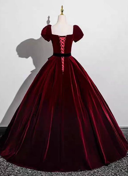 Vintage Burgundy A-Line Puff Sleeve Velvet Long Prom Dress Evening Dress