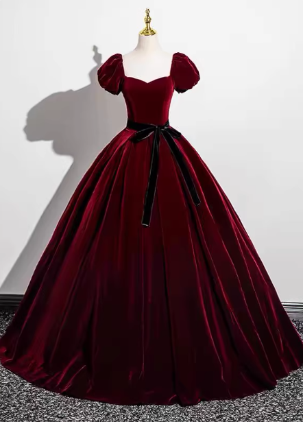 Vintage Burgundy A-Line Puff Sleeve Velvet Long Prom Dress Evening Dress Main image
