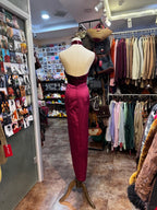 Vintage Burgundy Halter Neck Velvet Satin Long Prom Dress Evening Dress