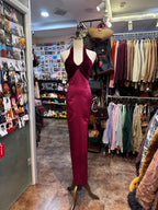Vintage Burgundy Halter Neck Velvet Satin Long Prom Dress Evening Dress