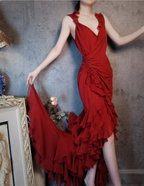 Vintage Burgundy Mermaid Deep V-Neck Layered Ruffle Chiffon Long Prom Dress Evening Dress