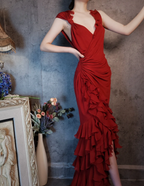 Vintage Burgundy Mermaid Deep V-Neck Layered Ruffle Chiffon Long Prom Dress Evening Dress