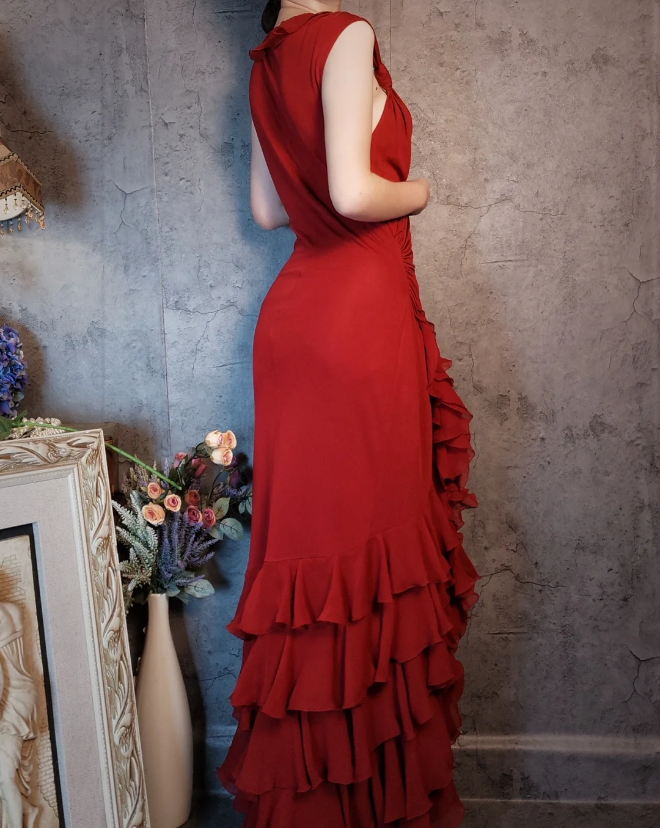 Vintage Burgundy Mermaid Deep V-Neck Layered Ruffle Chiffon Long Prom Dress Evening Dress