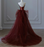 Vintage Burgundy Mermaid Strapless Tulle Sequined Train Prom Dress Evening Dress
