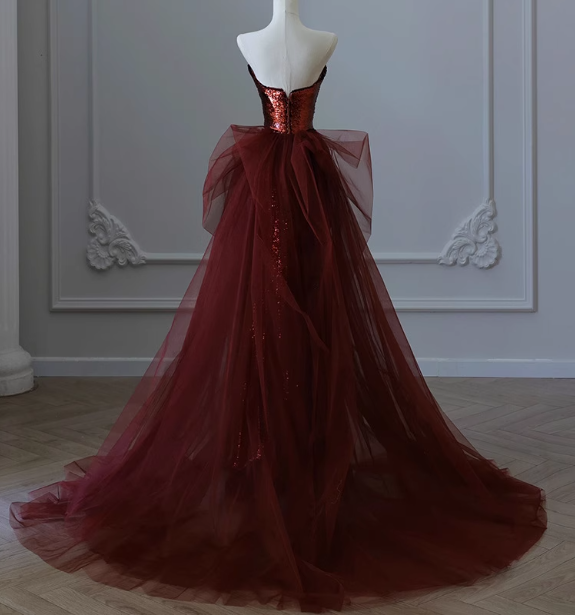Vintage Burgundy Mermaid Strapless Tulle Sequined Train Prom Dress Evening Dress