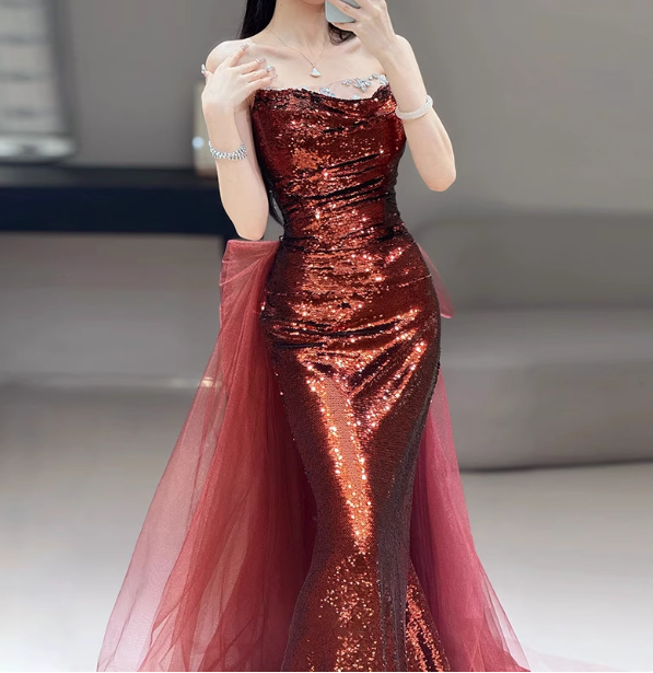 Vintage Burgundy Mermaid Strapless Tulle Sequined Train Prom Dress Evening Dress