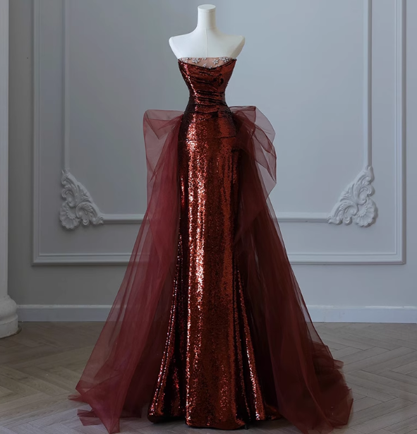Vintage Burgundy Mermaid Strapless Tulle Sequined Train Prom Dress Evening Dress Main image