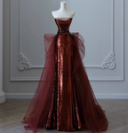 Vintage Burgundy Mermaid Strapless Tulle Sequined Train Prom Dress Evening Dress