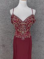 Vintage Burgundy Spaghetti Strap V-Neck Beaded Chiffon Long Prom Dress Evening Dress