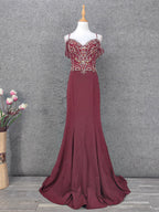 Vintage Burgundy Spaghetti Strap V-Neck Beaded Chiffon Long Prom Dress Evening Dress