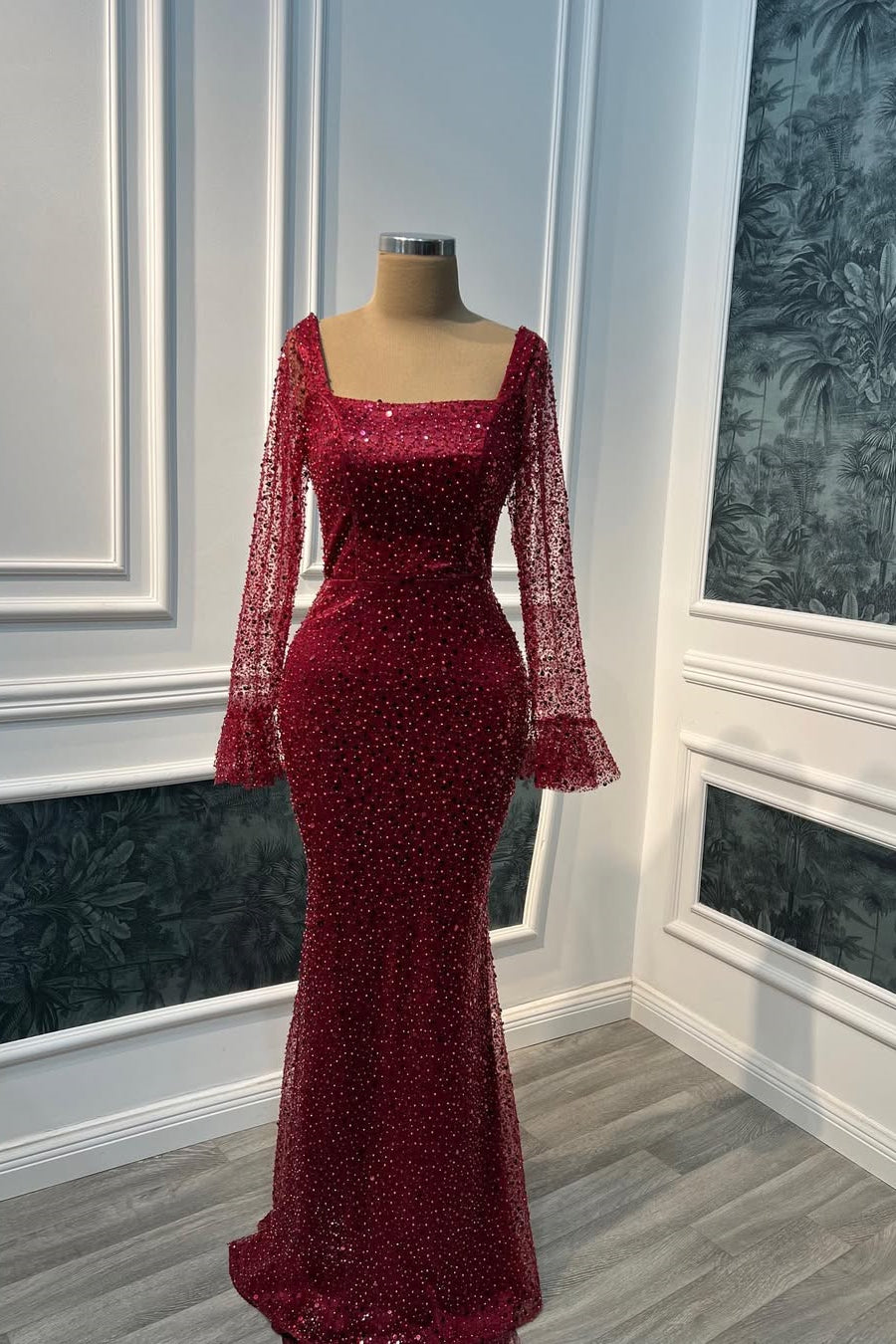 Vintage Burgundy Square Long Sleeves Sequins Prom Dresses Mermaid Sheath Online Main image